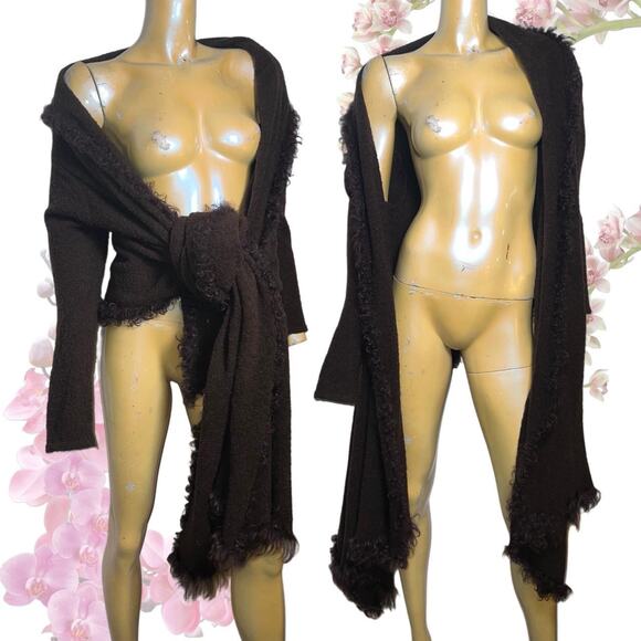 Brown Hair Like Wool Cardigan With Fuzzy Trim - Picture 1 of 8